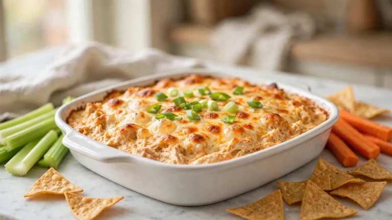 Buffalo chicken dip fresh out of the oven with bubbling cheese