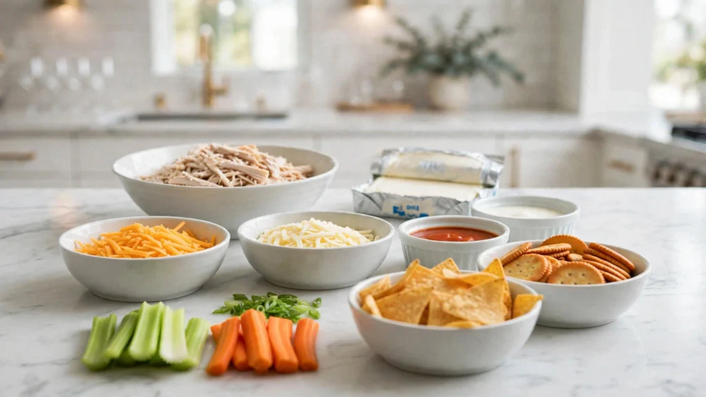 Buffalo chicken dip ingredients including chicken, cream cheese, and hot sauce on a counter