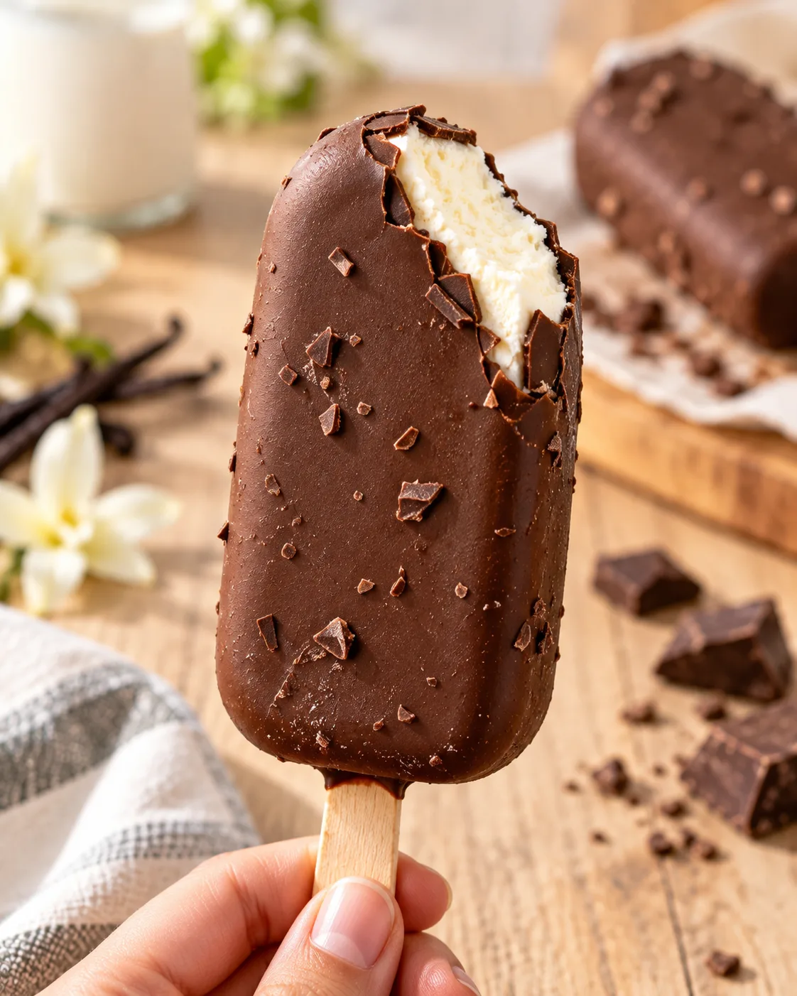 Close up of an eskimo pie popsicle with a bite taken out showing creamy vanilla center