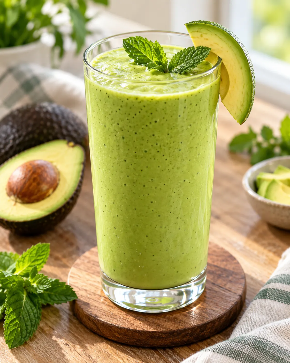 16:9 aspect ratio: Horizontal food photography of two glasses of creamy avocado smoothie side by side, surrounded by halved ripe avocados, a banana, and a small pitcher of milk, soft natural morning light, bright kitchen counter setting, high resolution, fresh and inviting food styling.